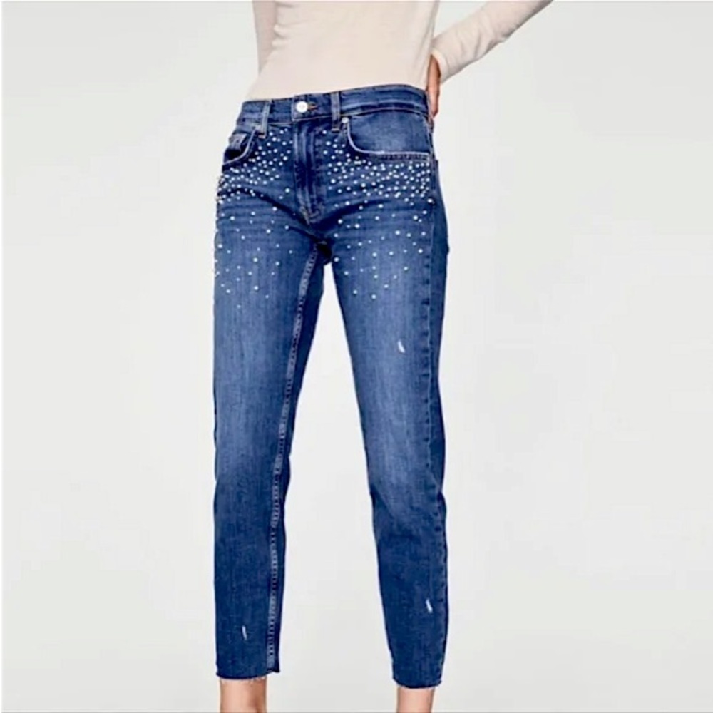 ZARA Pearl Embellished Distressed Ankle Jeans